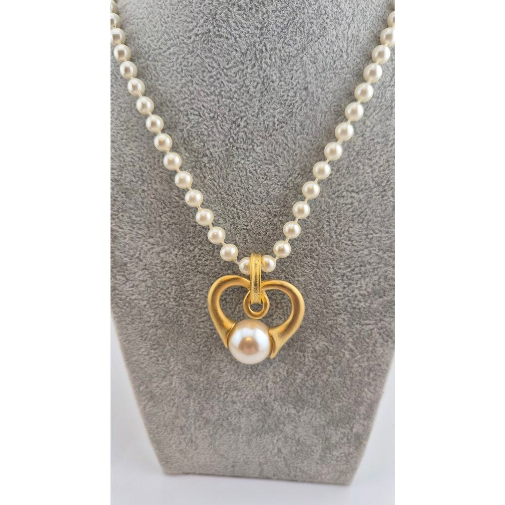 Vintage Express Faux Pearl Necklace Gold Tone Heart Pendant NOS 36"